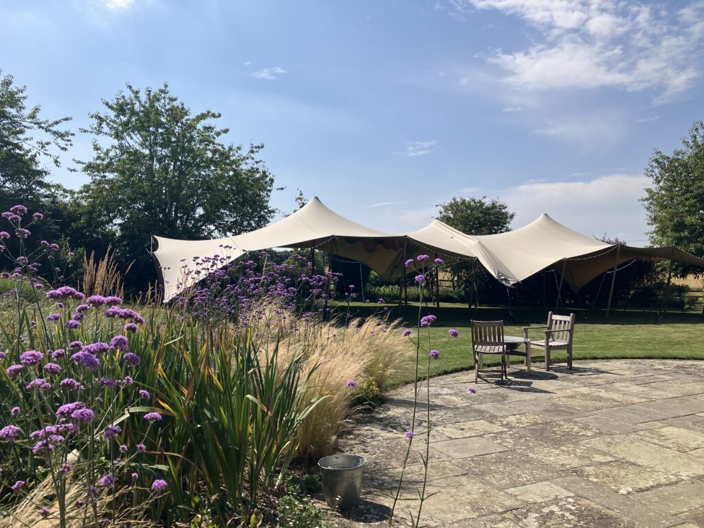 A view across the garden - open tent for outdoor events