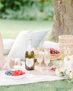 Champagne and glasses laid out on a picnic blanket with summer fruits