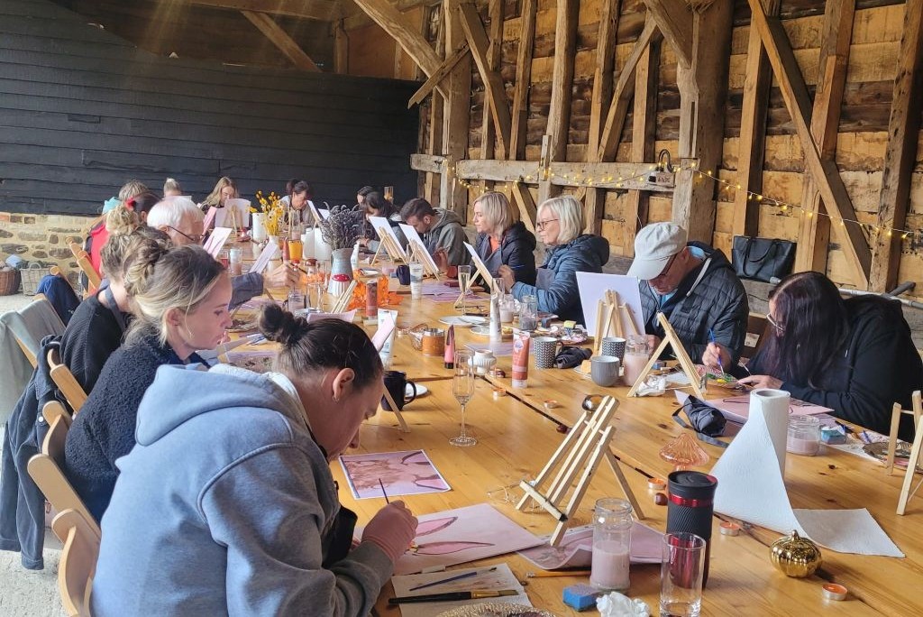 Paint n Sip artists at work at The Barns at Polehanger Bedfordshire